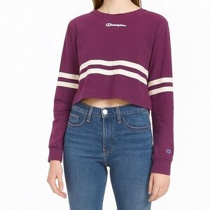 Champion Purple and White Crop-top Crew Neck Sweater